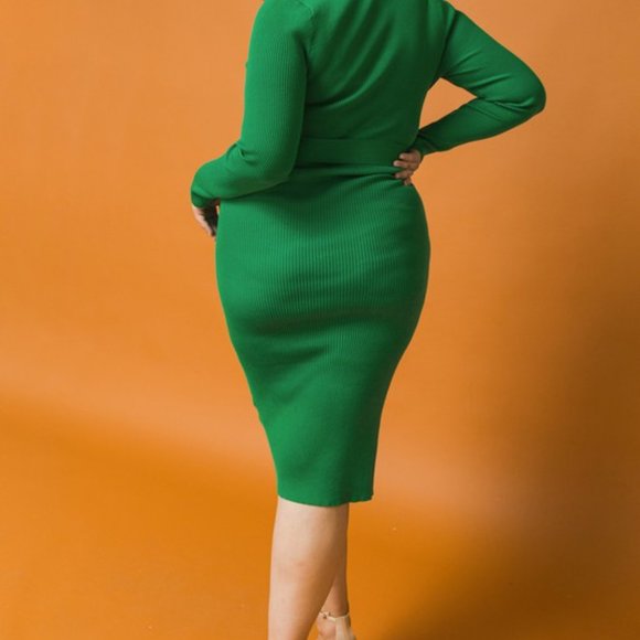 Plus Size Women's Solid Green Ribbed Sweater Dress - Picture 4 of 6